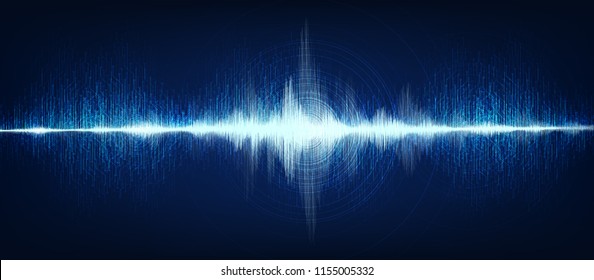 Electronic Digital Sound Wave With Circle Vibration On Light Blue Background,technology And Earthquake Wave Diagram Concept,design For Music Studio And Science,Vector Illustration.