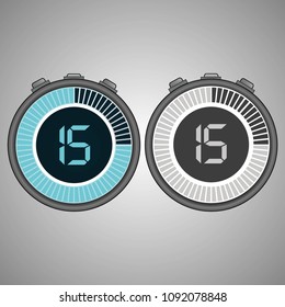 Electronic Digital Stopwatch. Timer 15 seconds isolated on gray background. Stopwatch icon set. Timer icon. Time check. Seconds timer, seconds counter. Timing device. Two options. EPS 10 vector.