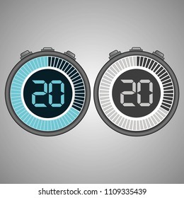 Electronic Digital Stopwatch. Timer 20 seconds isolated on gray background. Stopwatch icon set. Timer icon. Time check. Seconds timer, seconds counter. Timing device. Two options. EPS 10 vector.