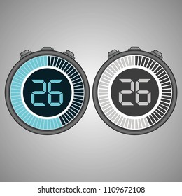 Electronic Digital Stopwatch. Timer 26 seconds isolated on gray background. Stopwatch icon set. Timer icon. Time check. Seconds timer, seconds counter. Timing device. Two options. EPS 10 vector.