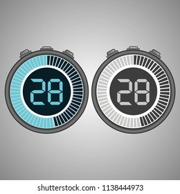 Electronic Digital Stopwatch. Timer 28 seconds isolated on gray background. Stopwatch icon set. Timer icon. Time check. Seconds timer, seconds counter. Timing device. Two options. EPS 10 vector.