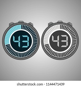 Electronic Digital Stopwatch. Timer 43 seconds isolated on gray background. Stopwatch icon set. Timer icon. Time check. Seconds timer, seconds counter. Timing device. Two options. EPS 10 vector.