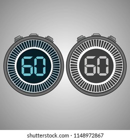 Electronic Digital Stopwatch. Timer 60 seconds isolated on gray background. Stopwatch icon set. Timer icon. Time check. Seconds timer, seconds counter. Timing device. Two options. EPS 10 vector.