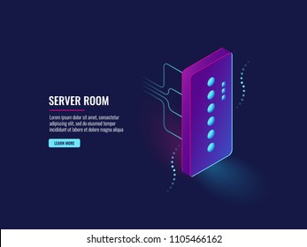 Electronic digital technology banner, computer processor, futuricstic data processing process, server room, data center dark neon isometric vector