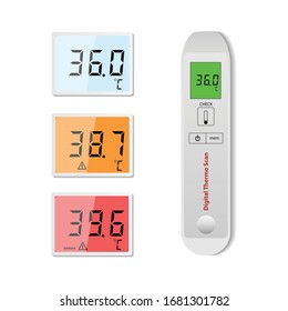 electronic digital thermometer scanner with different screen color isolate on white background vector illustrations