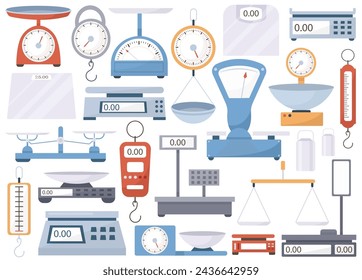 Elektronische digitale Gewichte und mechanische Waagen für Geschäft, Supermarkt oder Heimküche Essen, Produkt-Massenmessgeräte Werkzeuge Vektor-Illustration isoliert auf weißem Hintergrund