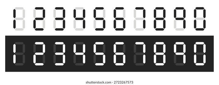 Elektronische Ziffern. Digitale Schwarzweißnummern für digitale Geräte. Schnittstellenschriftart. Elektrische Uhr führte Zifferblatt. Schau dir das Gesicht an. Anzeigetafel-Symbole Anzeigetafel. Touchscreen numerische Symbole, Vektorsatz