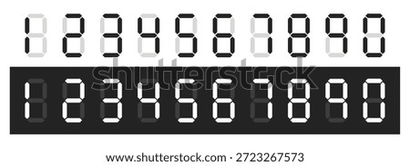 Electronic digits. Black and white digital numbers for digital devices. Interface font. Electric clock led dial. Watch face. Scoreboard icons. Display board. Touchscreen numeric symbols vector set