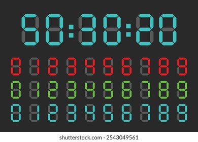 Los dígitos electrónicos provienen de una fuente de reloj y un temporizador de cuenta regresiva. Reloj y calculadora muestran símbolos. Conjunto de dígitos led.