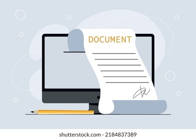 Electronic document concept. Negotiations on Internet, online deal, characters will conclude contract remotely, esignature. Modern technologies and digital world. Cartoon flat vector illustration