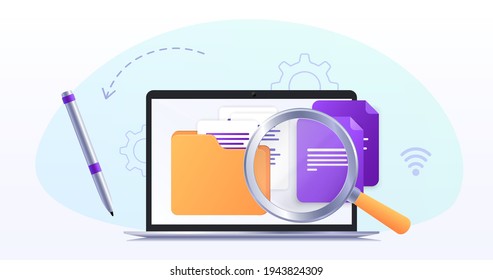 Electronic document concept in vector illustration. The working process. Documents in computer. Sign, seach an documents online. Icons, button. Website template or web page layout. 