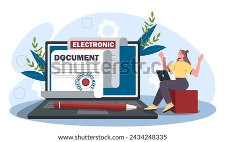 Electronic document concept. Woman sitting with laptop or tablet. Exchange of files on internet, cloud service. Agreement or contract with digital signature. Cartoon flat vector illustration