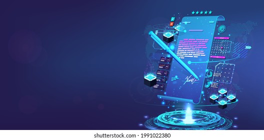 Electronic document of the contract, online documentation concept. Perspective illustration for hi-tech, online networks, blockchain system, electronic signature, business on the Internet. Vector