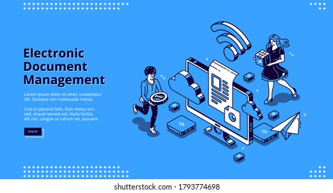 Electronic document management banner. Online paperwork storage, digital system of paper organization. Vector landing page of manage business documents with isometric people and computer screen