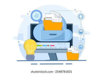 Electronic document management concept. File management administration. Organizing documents into archive folders. File management and administrative work. Flat vector illustration on background.