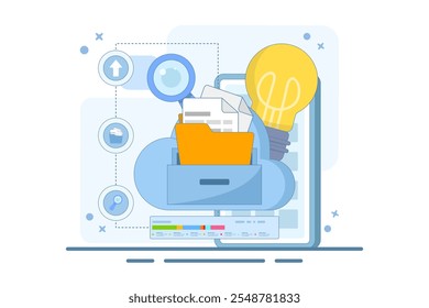 Electronic document management concept. File management administration. Organizing documents into archive folders. File management and administrative work. Flat vector illustration on background.