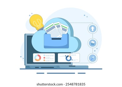 Electronic document management concept. File management administration. Organizing documents into archive folders. File management and administrative work. Flat vector illustration on background.