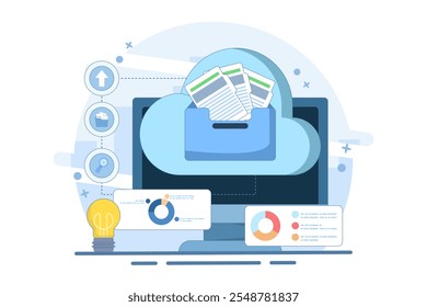 Electronic document management concept. File management administration. Organizing documents into archive folders. File management and administrative work. Flat vector illustration on background.