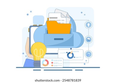 Electronic document management concept. File management administration. Organizing documents into archive folders. File management and administrative work. Flat vector illustration on background.