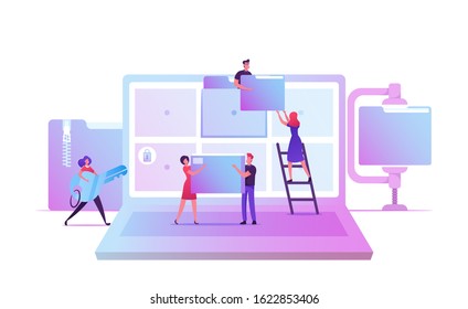 Electronic Document Management. Digital Data File Computer Archive Storage System, Information Database Catalog. Business Characters At Huge Laptop With Folders On Screen. Cartoon Vector Illustration