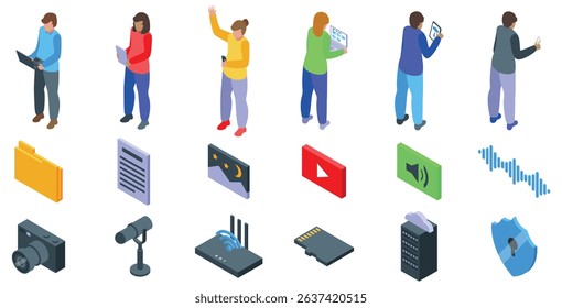 Electronic document management icons set. Isometric icons representing people interacting with various digital devices and multimedia content, showcasing modern communication and technology