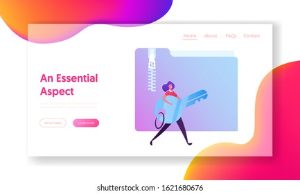 Electronic Document Management, Website Landing Page. Woman Carry Key in Hands. Digital Data Storage System, Computer Archive, Information Database Web Page Banner. Cartoon Flat Vector Illustration