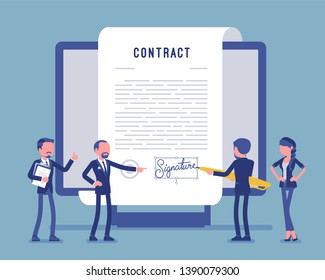 Electronic document signature, contract page on screen. Business people sign official paper, formal agreement, businessman with giant pen putting name. Vector illustration, faceless characters