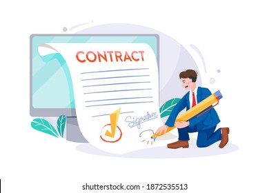 Electronic document signature, contract page on screen. Business people sign official paper, formal agreement, businessman with giant pen putting name as a form of identification.