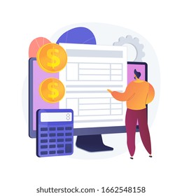 Elektronische Dokumentation. Mann mit Registrierung. Überprüfen des Projektarchivprotokolls. Online-Genehmigung, Bildschirm-Formular, Validierungsseite. Kostensenkchroniken. Vektorillustration isolierte Concept Metapher Illustration.