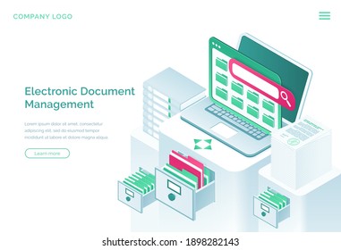 Página de inicio isométrica de administración electrónica de documentos, concepto de organización de papeleo con portátil, armario de oficina con cajones y archivos. Administración de negocios, almacenamiento de datos, banner web 3d vector