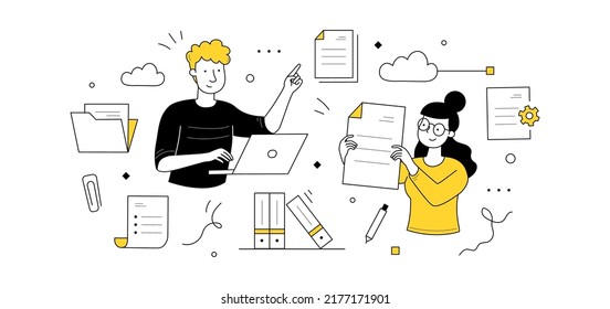 Electronic documents management, paperwork organization doodle concept. Office workers with laptop organizing files and papers. Business administration, data storage, Line art vector illustration