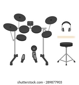 Electronic drum set with drum throne, headphones and drumsticks. Vector illustration on white background