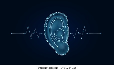 Oído electrónico y onda de pulso que brilla entre las líneas de conexión. Código de circuito de datos de microchip de órgano humano. Ciencia médica de la tecnología futurista digital innovadora atención de la salud. Vector EPS10.