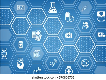 Electronic e-healthcare blue vector background with hexagonal shapes