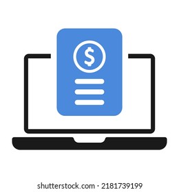 Electronic E-Invoice Icon. Online Digital Invoice Laptop Or Notebook With Bills Vector Illustration