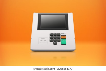 Elektronische Wahl Urn. Tasten mit Braille-Schrift. Voting-Mikrocomputer auf orangefarbenem Hintergrund. Übersetzungen: Urna Eleitoral - Wahlurne; Branco - Leere; Korrelation - korrekt; Bestätigung - Bestätigen.