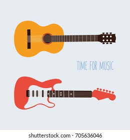 electronic or electric realistic Guitar vector & classical acoustic wooden guitar. flat design classic melody music. rock & roll cartoon. concept musical concert isolated. time for music. 