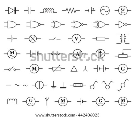 Electronic and electric symbols, black isolated on white background, vector illustration.