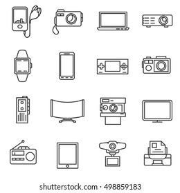 Electronic equipment, line icons set. Electrical engineering, symbols collection. Gadgets, vector linear illustration