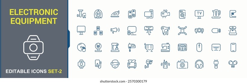 Electronic Equipment lined icon set. Includes icons for computer, speaker, phone, smartphone, pad, electronics and more. Minimal linear icons. Editable stroke.