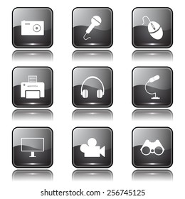 Electronic Equipment Square Vector Black Button Icon Design Set