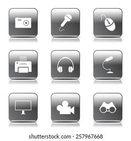 Electronic Equipment Square Vector Black Button Icon Design Set