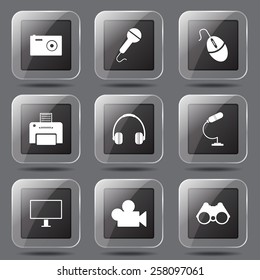 Electronic Equipment Square Vector Black Button Icon Design Set