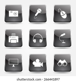 Electronic Equipment Square Vector Black Button Icon Design Set