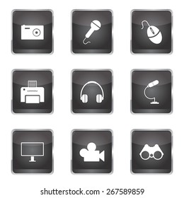 Electronic Equipment Square Vector Black Button Icon Design Set