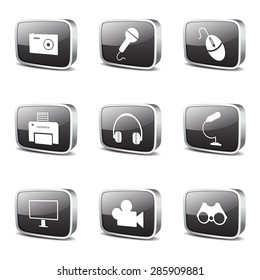 Electronic Equipment Square Vector Black Button Icon Design Set