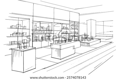 electronic equipment store sketch drawing,computer and gadget shop. ,Modern design,vector,2d illustration