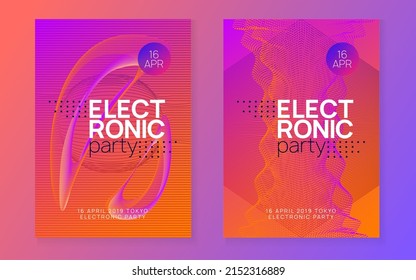 Electronic event. Bright concert banner set. Dynamic fluid shape and line. Neon electronic event. Electro dance dj. Trance sound. Club fest poster. Techno music party flyer.