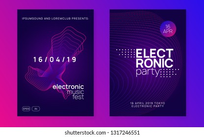 Electronic event. Bright concert invitation set. Dynamic gradient shape and line. Neon electronic event. Electro dance dj. Trance sound. Club fest poster. Techno music party flyer.