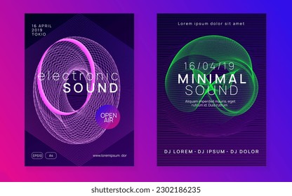 Electronic event. Cool concert cover set. Dynamic fluid shape and line. Neon electronic event. Electro dance dj. Trance sound. Club fest poster. Techno music party flyer.